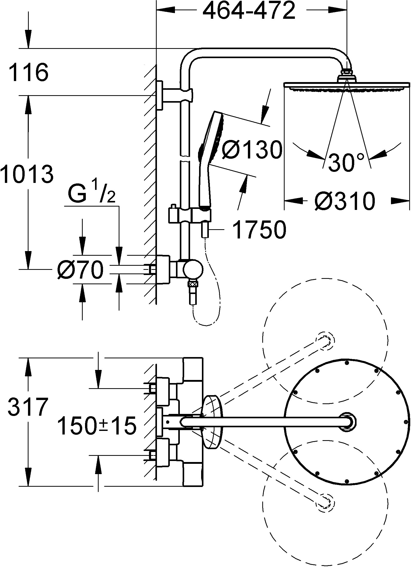 Grohe Rainshower System 310 27968000 Габаритные размеры