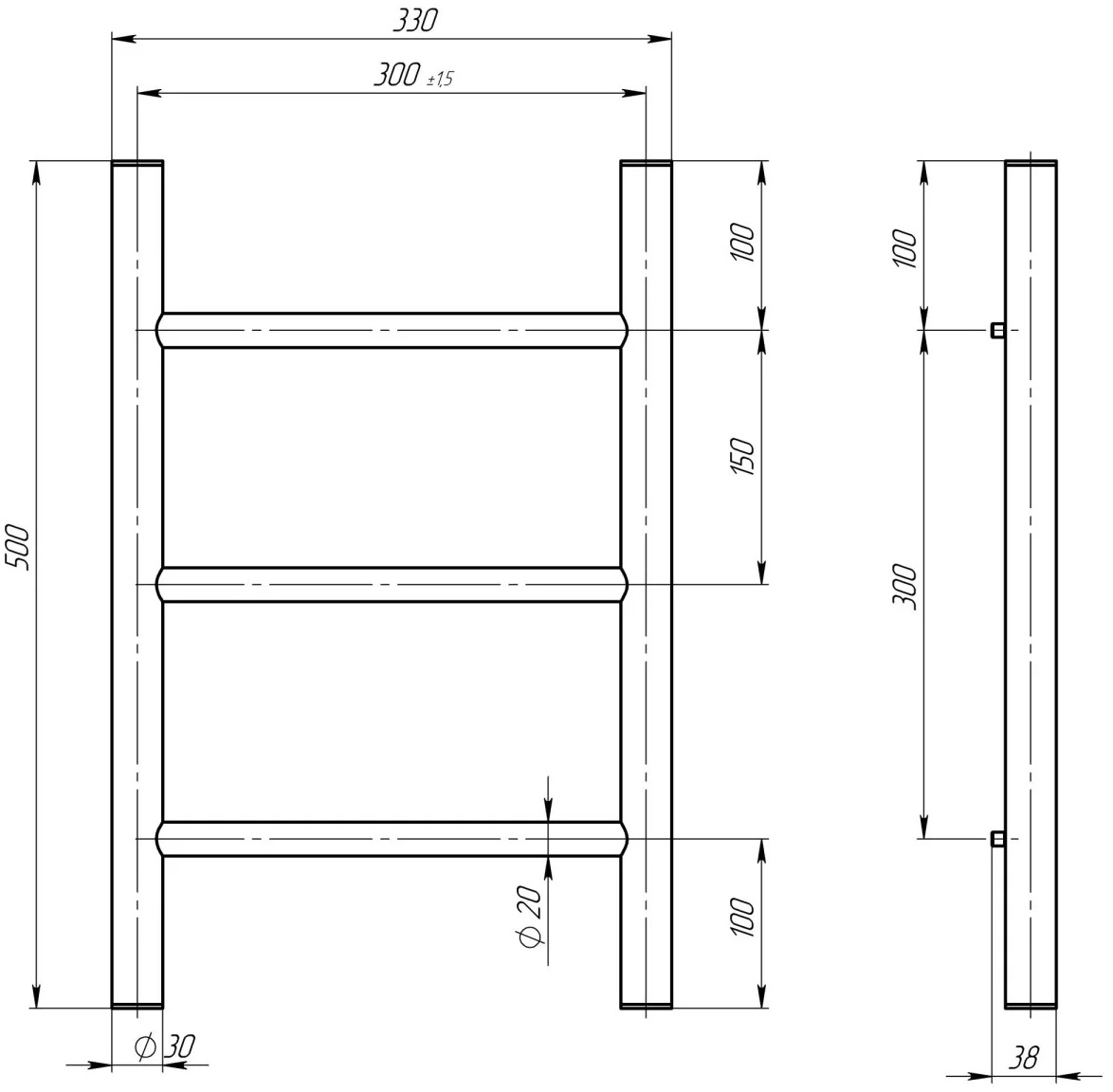Deffi Оріон П3 300x500, біла, WD03, ліве підключення (C.OR.50.30.3.E.W.L.1) Габаритні розміри
