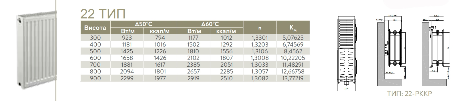 Romstal 22 тип 300x1100 мм бокове підключення (34HR6311) Габаритні розміри