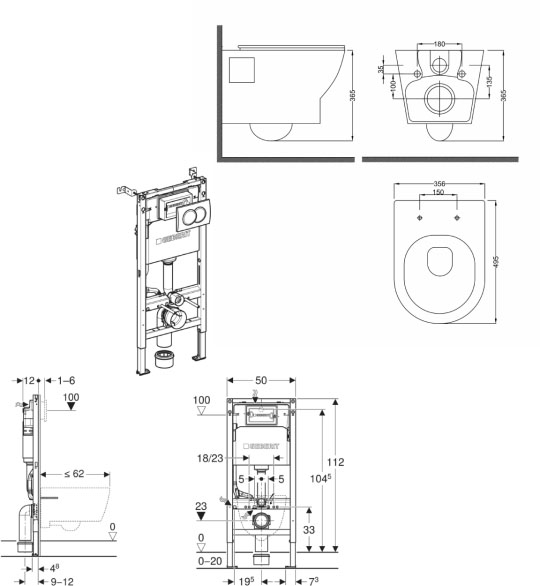 Geberit DuofixBasic 458.133.21.3 + RJ Feel Rimless RJ4545 Габаритные размеры