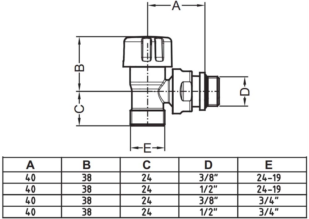 Carlo Poletti First Thermo 1/2" x 24-19, Black Matte (V141111EFS9005O) Габаритные размеры