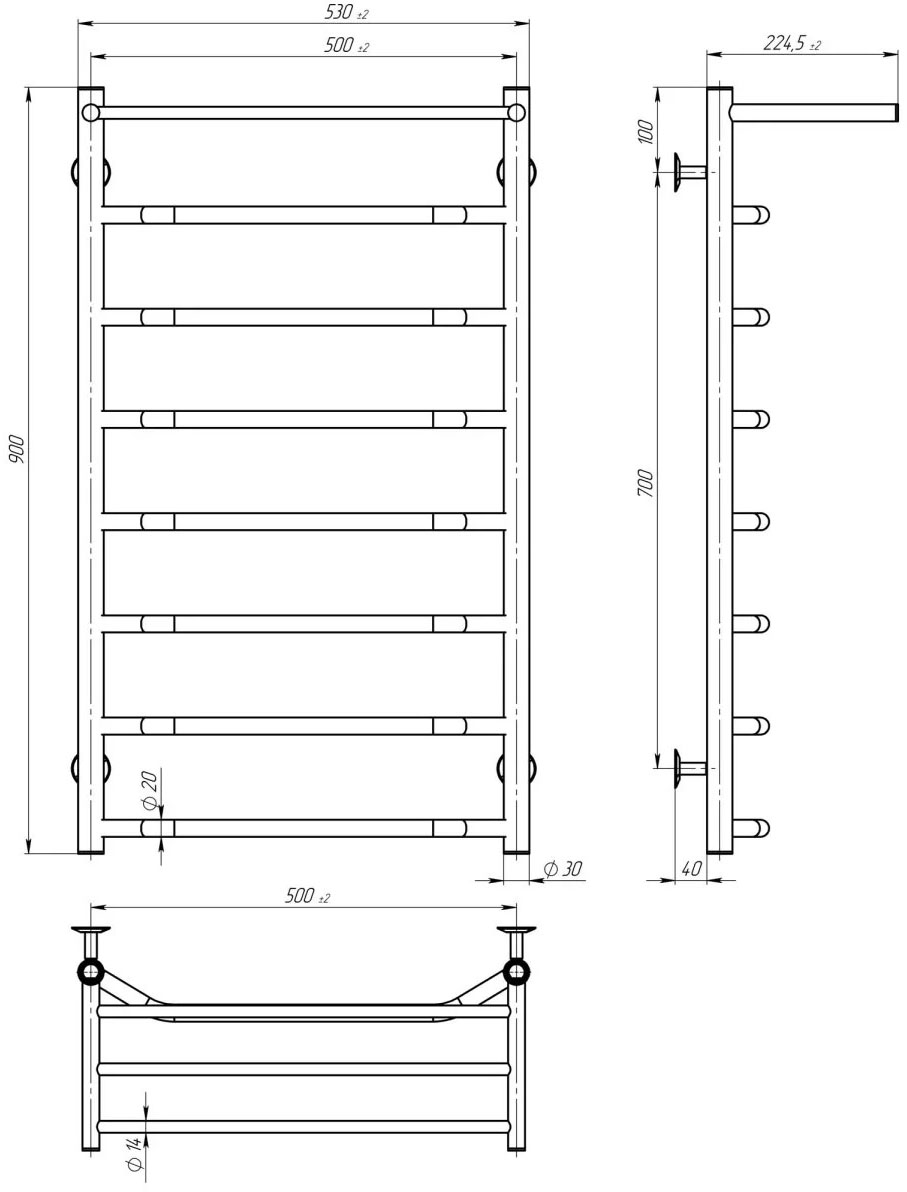 Deffi Трапеция П8 500*9000 Черный, JD03, Правое подключение (C.TP.90.50.8.E.B.R.1) Габаритные размеры