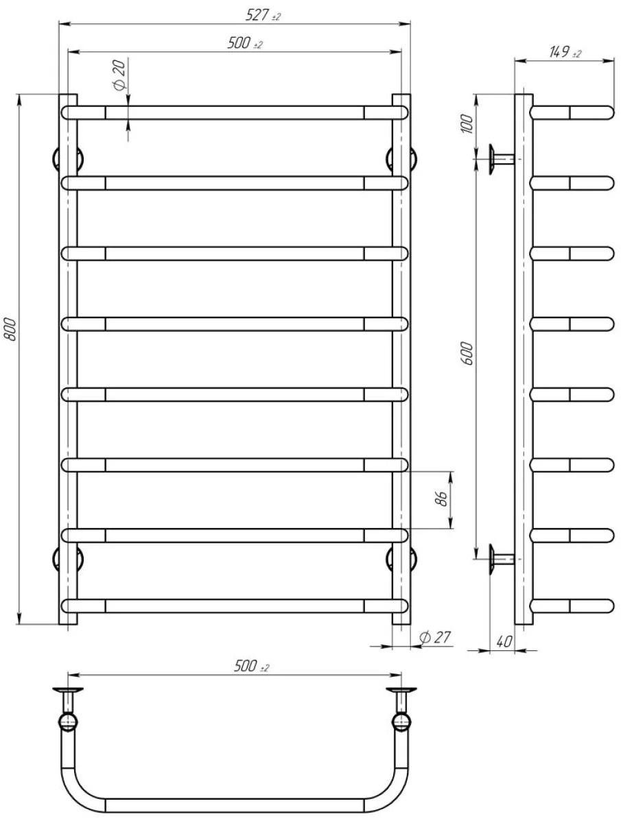 Deffi Стандарт П8 500x800, черный, WD03, правое подключение (D.SS.80.50.8.E.B.R.3) Габаритные размеры