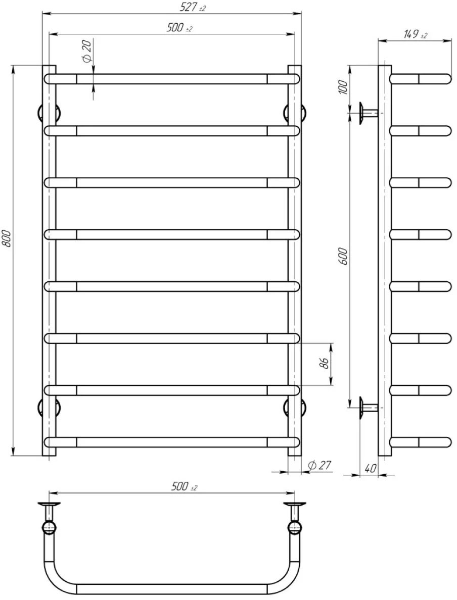 Deffi Стандарт П8 500x800, черный, WD03, левое подключение (D.SS.80.50.8.E.B.L.3) Габаритные размеры