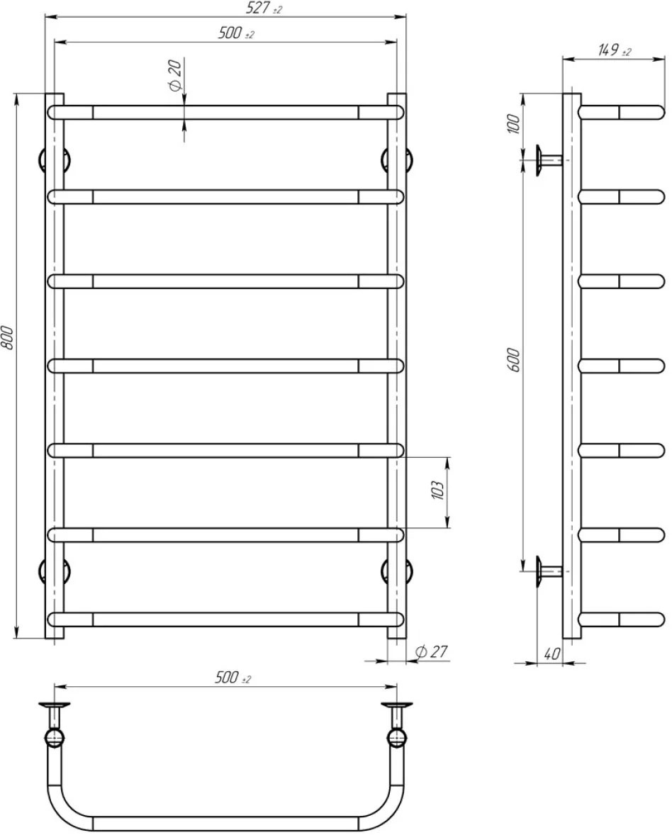 Deffi Стандарт П7 500x800, черный, WD03, левое подключение (D.SS.80.50.7.E.B.L.3) Габаритные размеры