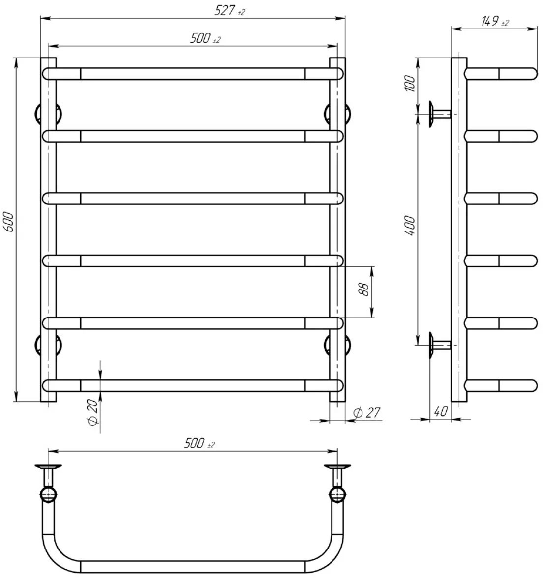 Deffi Стандарт П6 500x600, черный, WD03, левое подключение (D.SS.60.50.6.E.B.L.3) Габаритные размеры