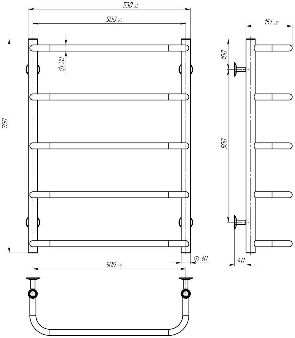 Deffi Стандарт П5 500x700, хром (C.SS.70.50.5.C.A) Габаритные размеры