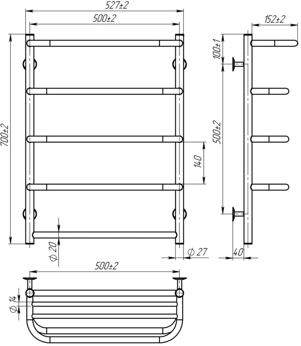 Deffi Стандарт с полкой П5 500x700, черный, WD03, правое подключение (D.SP.70.50.5.E.B.R.3) Габаритные размеры