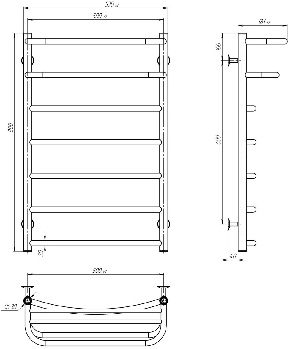 Deffi Отель П7 500*800 E Хром, JD03, Левое подключение (C.OD.80.50.7.E.C.L.1) Габаритные размеры