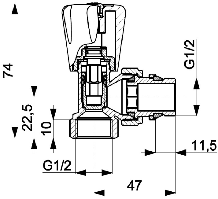 KFA Armatura 1/2", угловой (750-160-15) Габаритные размеры