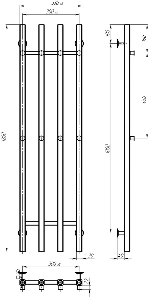 Deffi Split П4 300*1200 Белый, Нижнее подключение (A.SP.120.30.4.W.A) Габаритные размеры