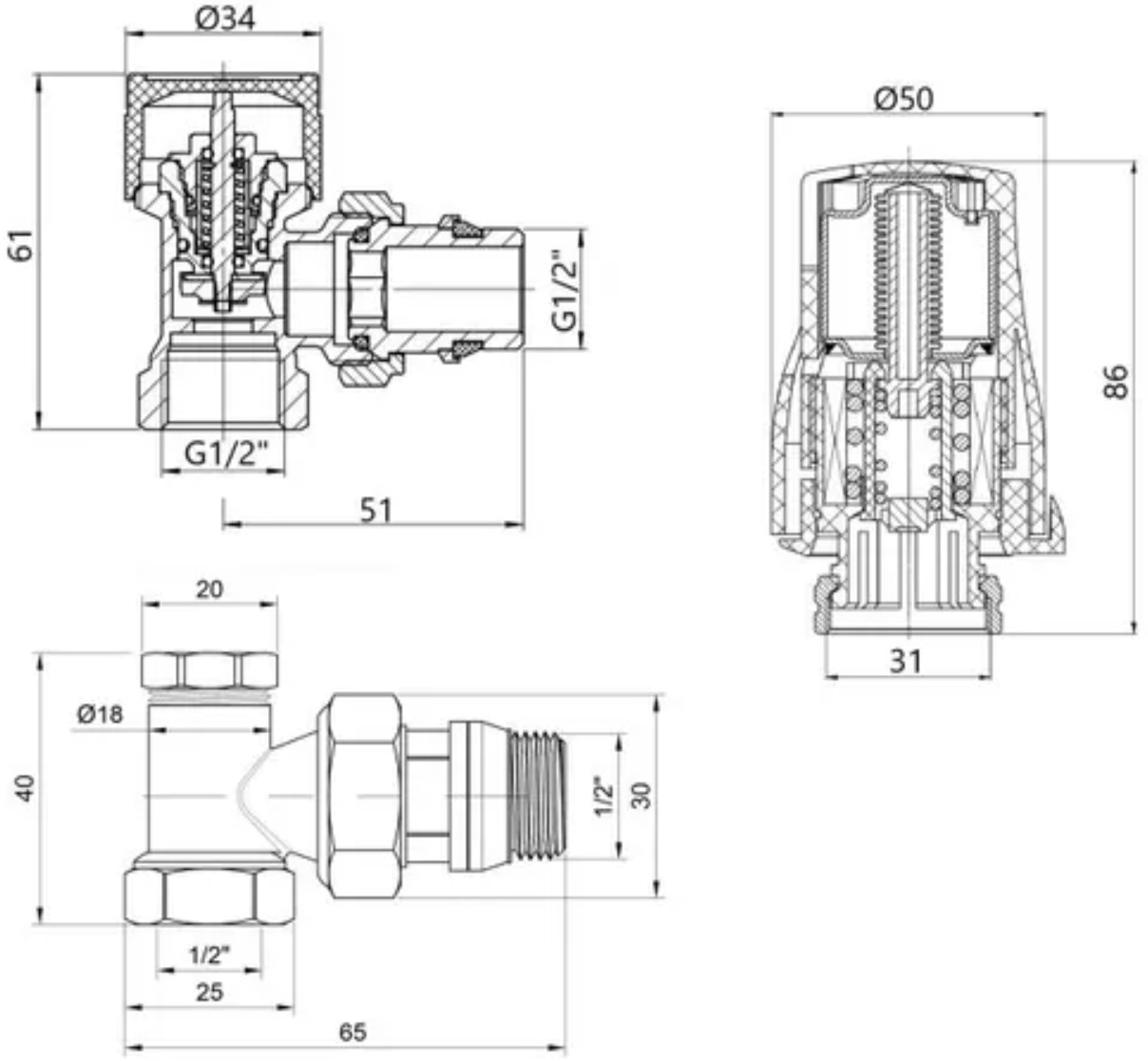 Thermo Alliance Standart 1/2", угловой (TAS352W15) Габаритные размеры
