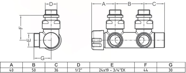 Carlo Poletti Twin Thermo 1/2" x 3/4" EK, Satin Nickel (V37110LSBSX) Габаритные размеры