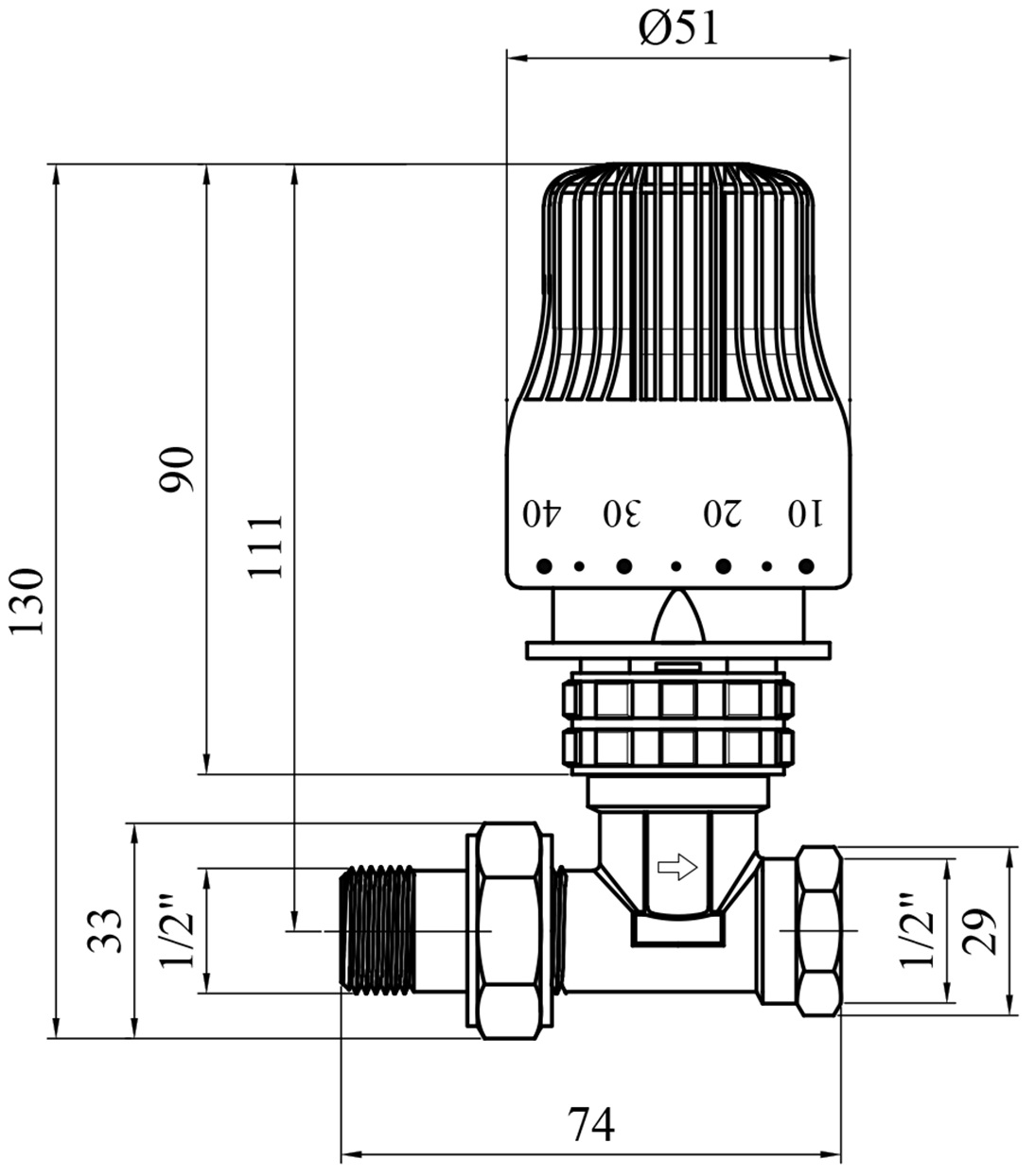 Karro RTL 1/2", прямий (KR-2004+2152) Габаритні розміри