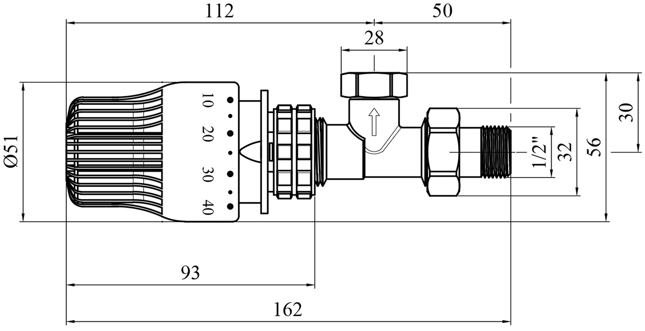 Karro RTL 1/2", кутовий (KR-2003+2152) Габаритні розміри