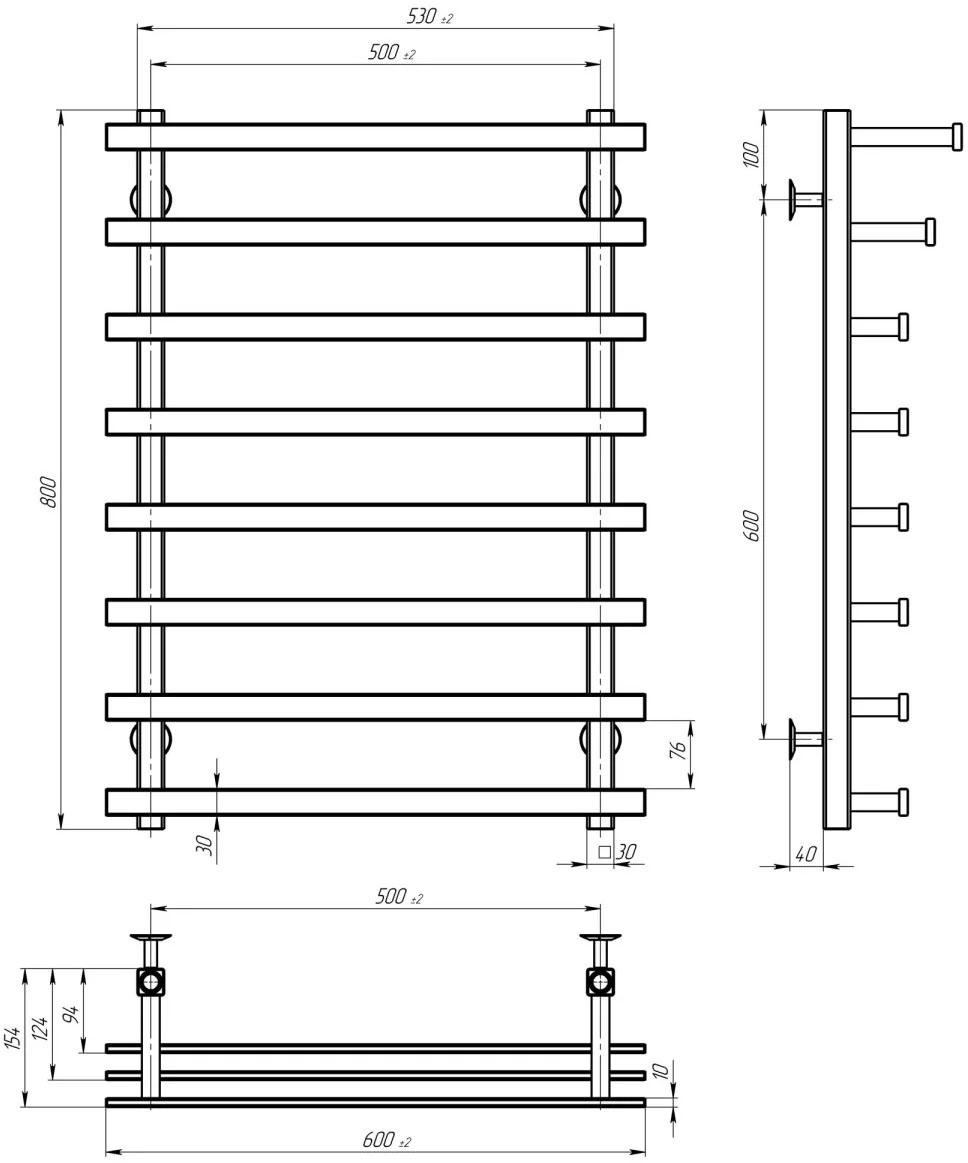 Deffi Breeze П8 500*800 Хром, Нижнее подключение (A.BZ.80.50.8.C.A) Габаритные размеры