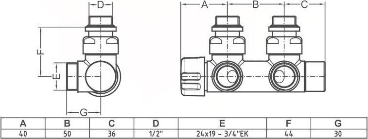 Carlo Poletti Twin Thermo 1/2" x 3/4" EK, Nickel (V37112QSBSX) Габаритные размеры