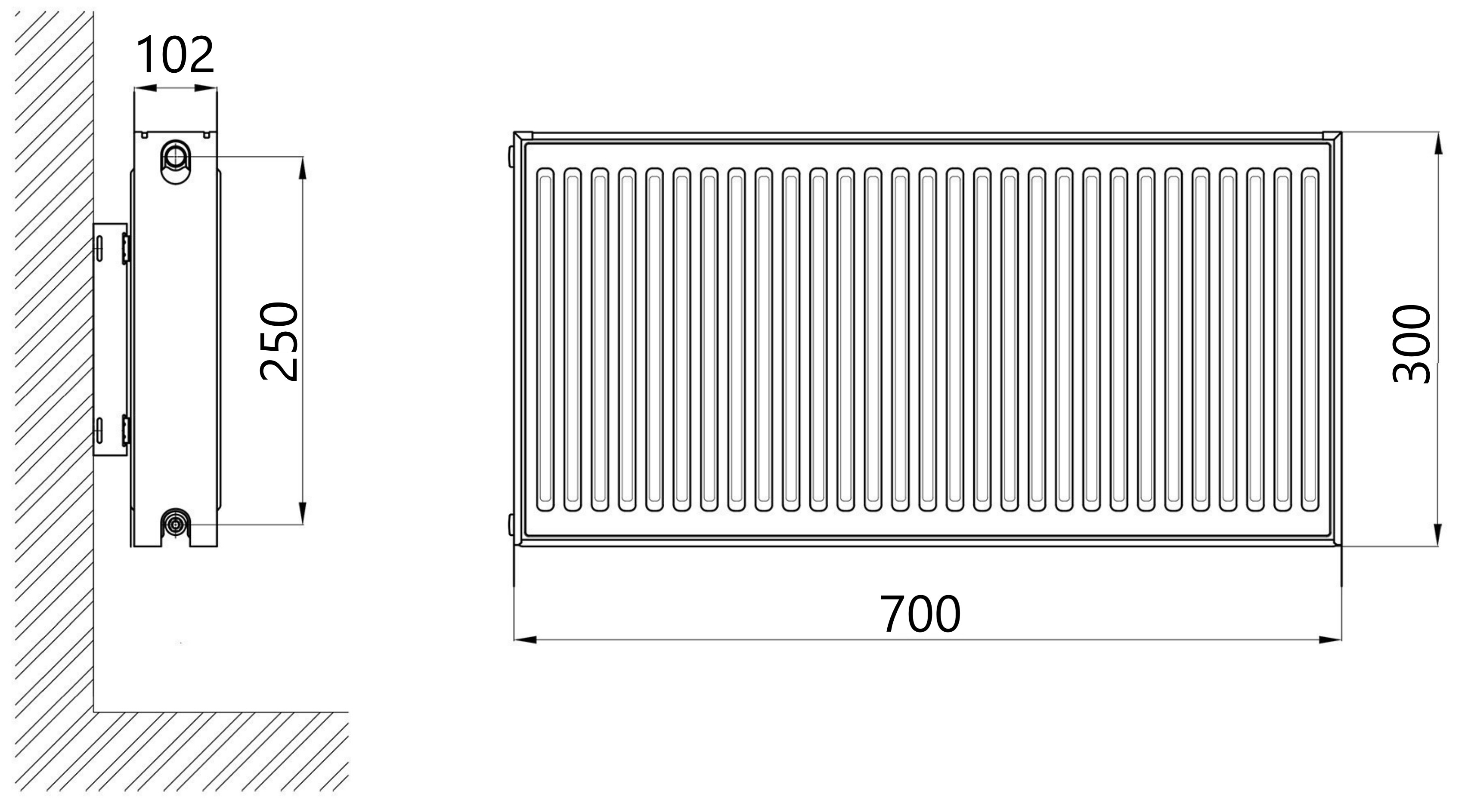 Thermo Alliance Imas 22 тип 300x700 нижнє підключення (TAI22300700V) Габаритні розміри
