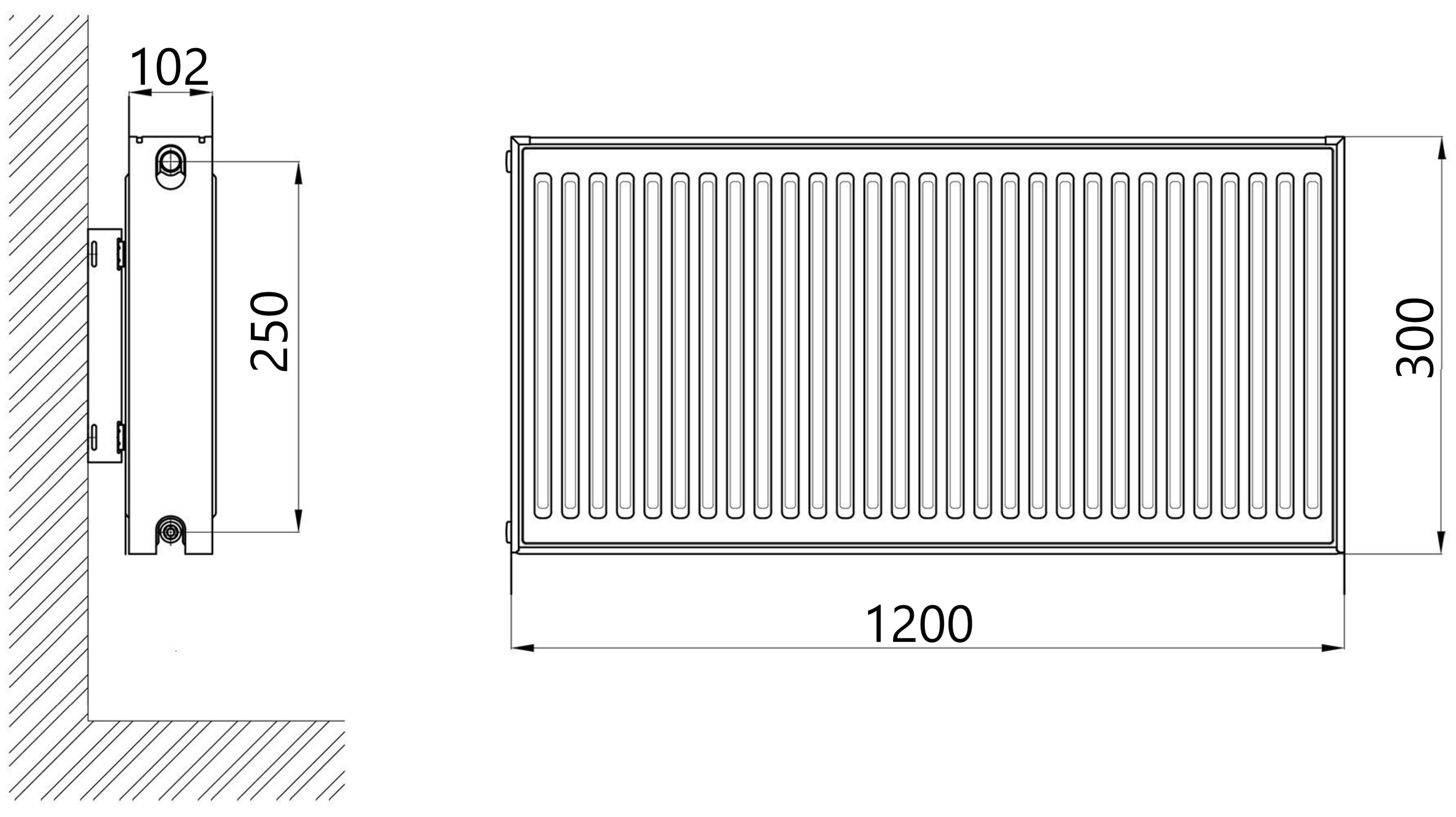 Thermo Alliance Imas 22 тип 300x1200 нижнее подключение (TAI223001200V) Габаритные размеры