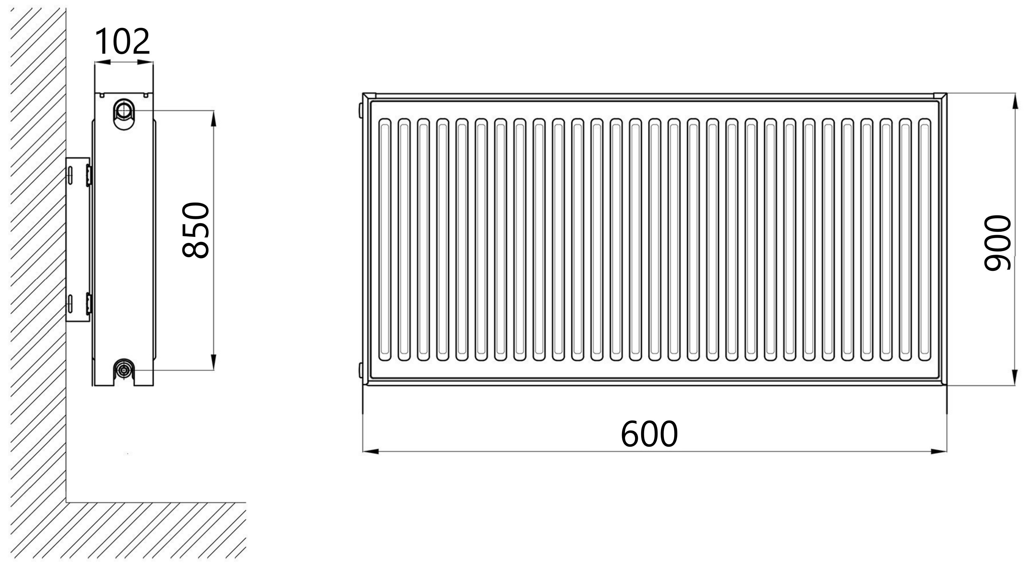 Thermo Alliance Imas 22 тип 900x600 нижнее подключение (TAI22900600V) Габаритные размеры