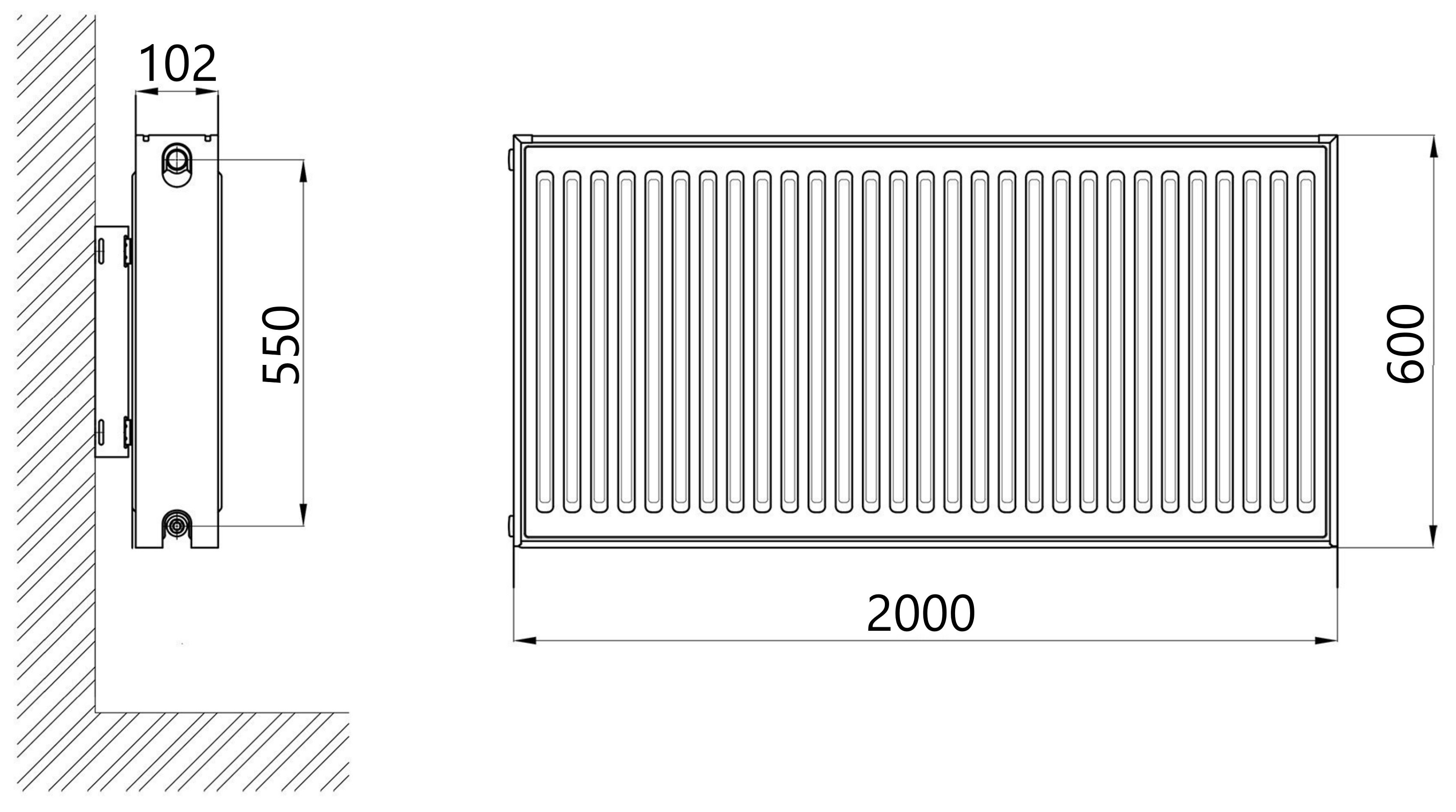 Thermo Alliance Imax 22 тип 600x2000 боковое подключение (TAI226002000K) Габаритные размеры