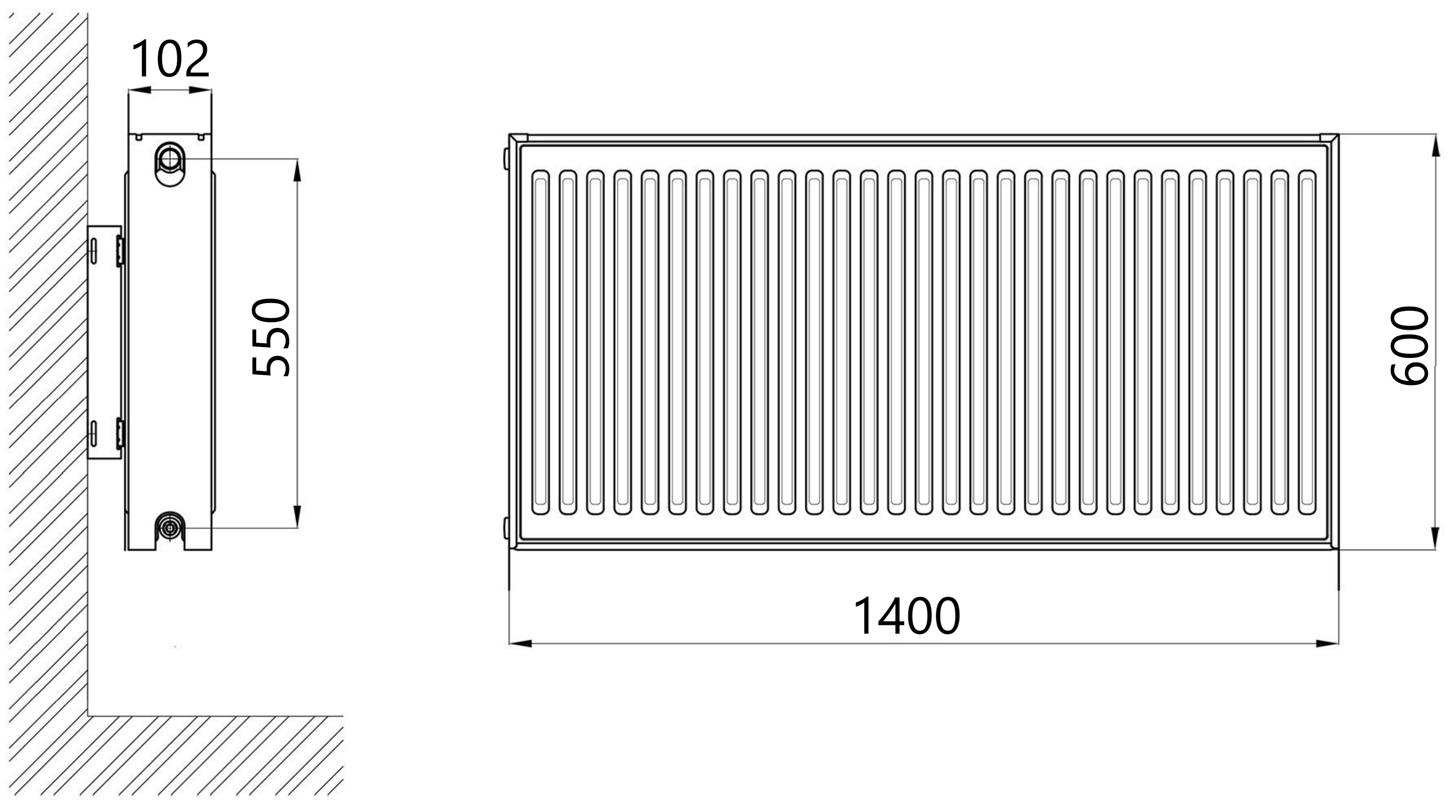 Thermo Alliance Imas 22 тип 600x1400 боковое подключение (TAI226001400K) Габаритные размеры