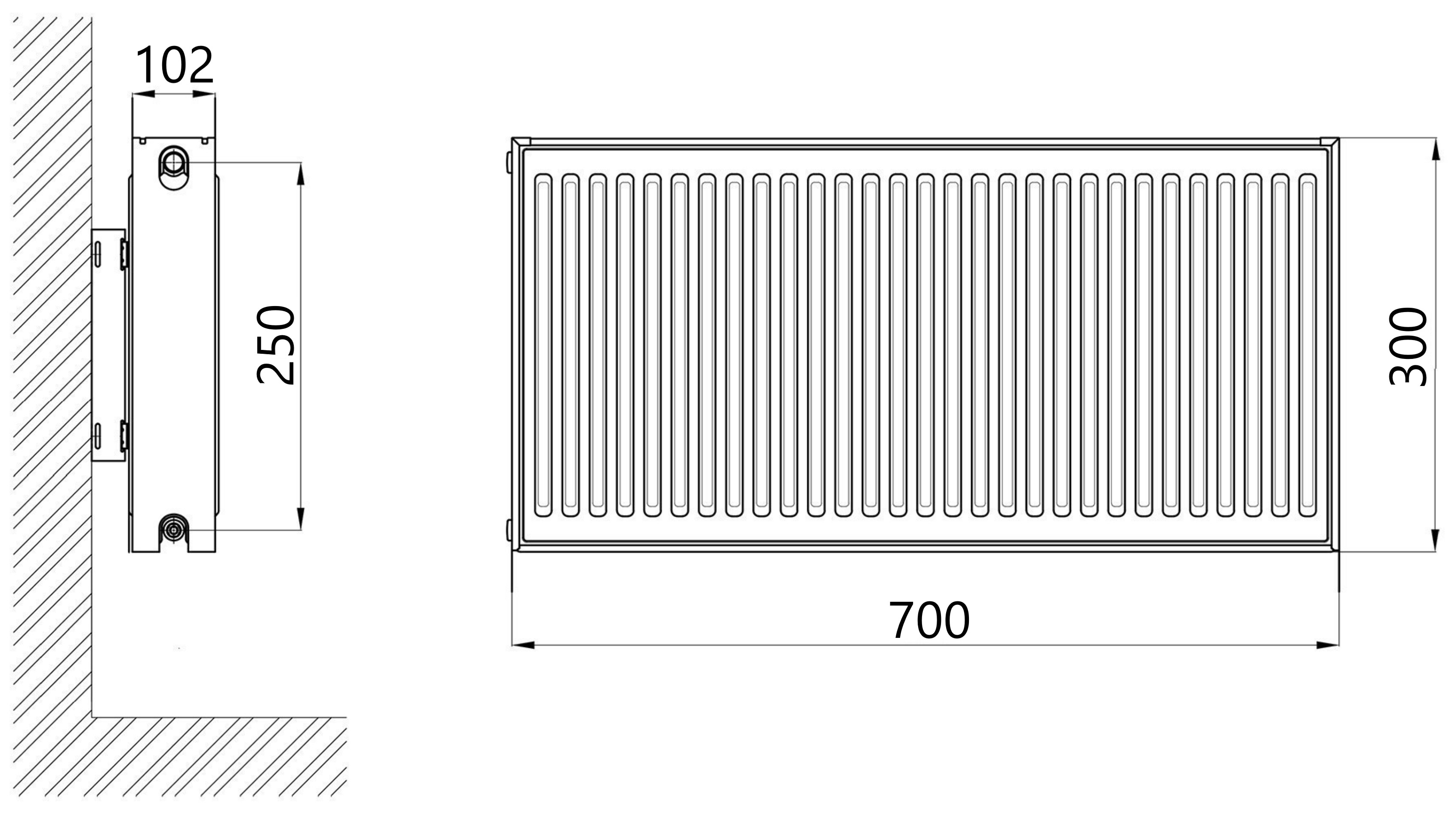 Thermo Alliance Imas 22 тип 300x700 боковое подключение (TAI22300700K) Габаритные размеры