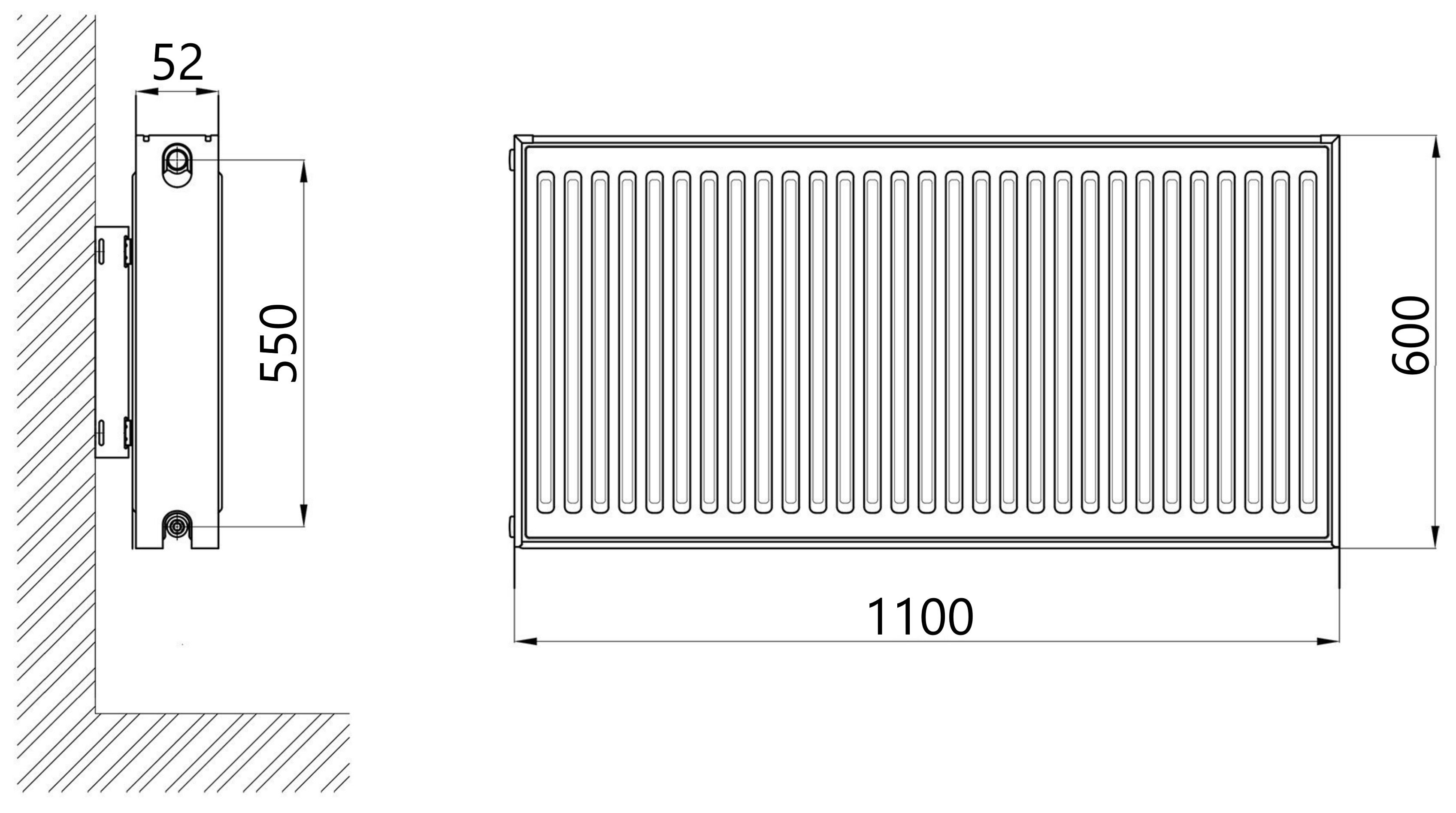 Thermo Alliance Imas 11 тип 600x1100 бічне підключення (TAI116001100K) Габаритні розміри