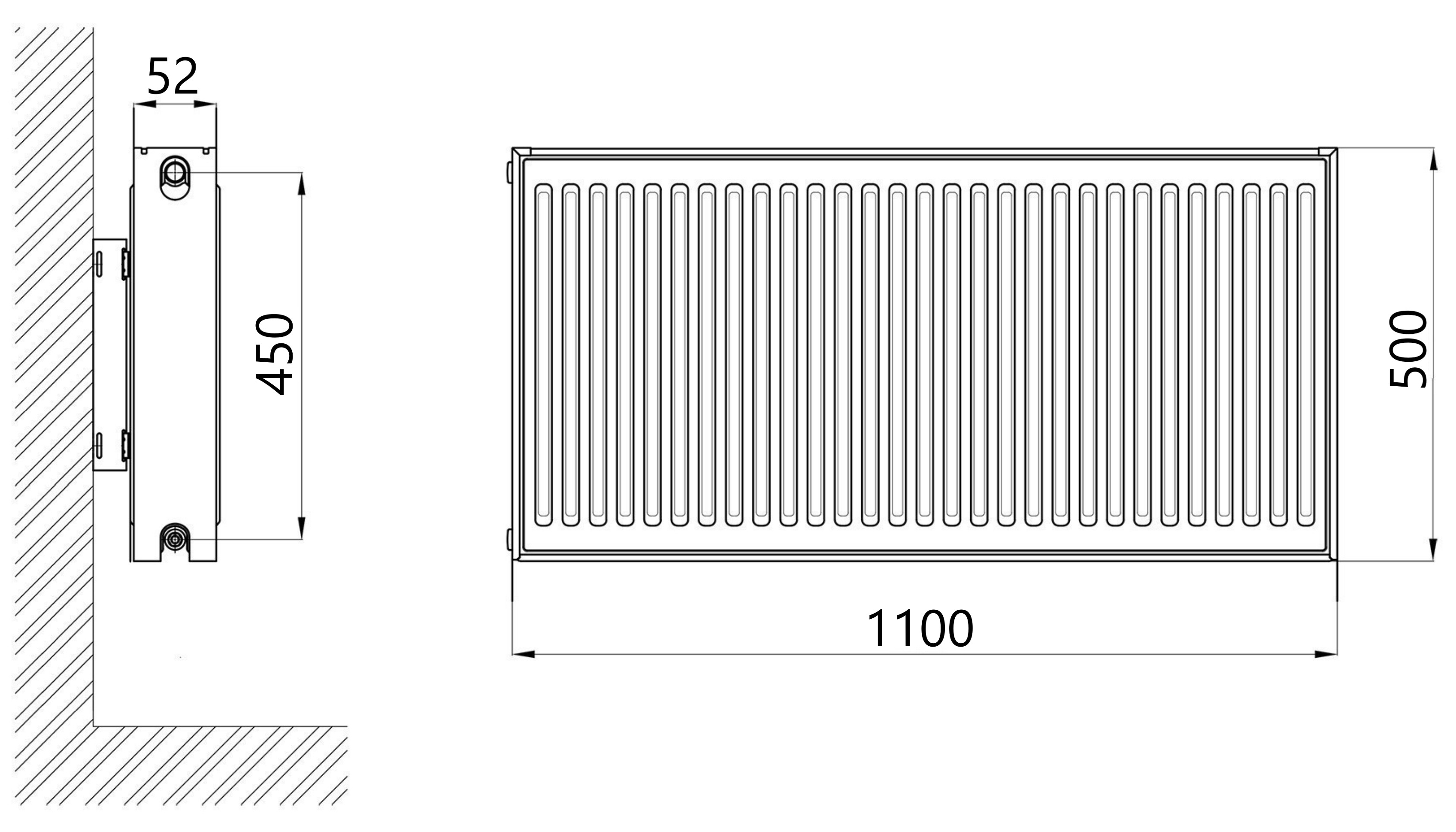 Thermo Alliance Imas 11 тип 500x1100 бічне підключення (TAI115001100K) Габаритні розміри