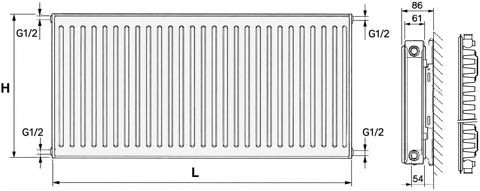 Stelrad Compact 11 тип 600x500, бічне підключення (C11-60-050) Габаритні розміри