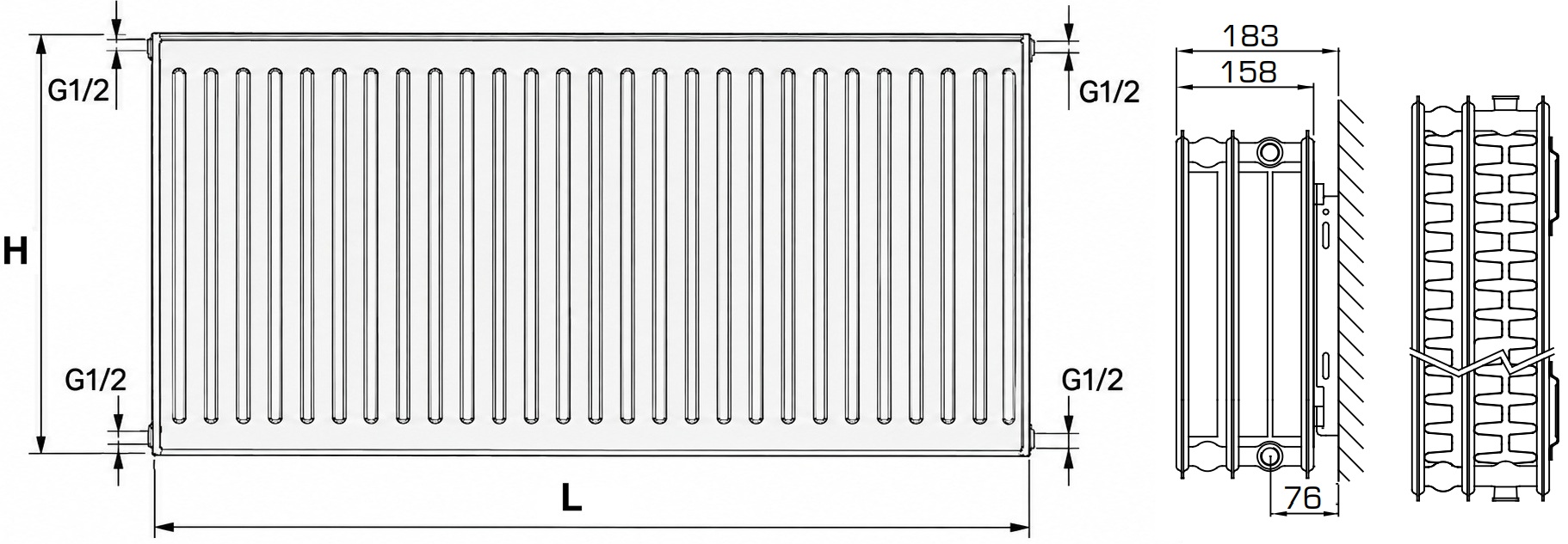 Stelrad Compact 33 тип 500x700, бічне підключення (C33-50-070) Габаритні розміри