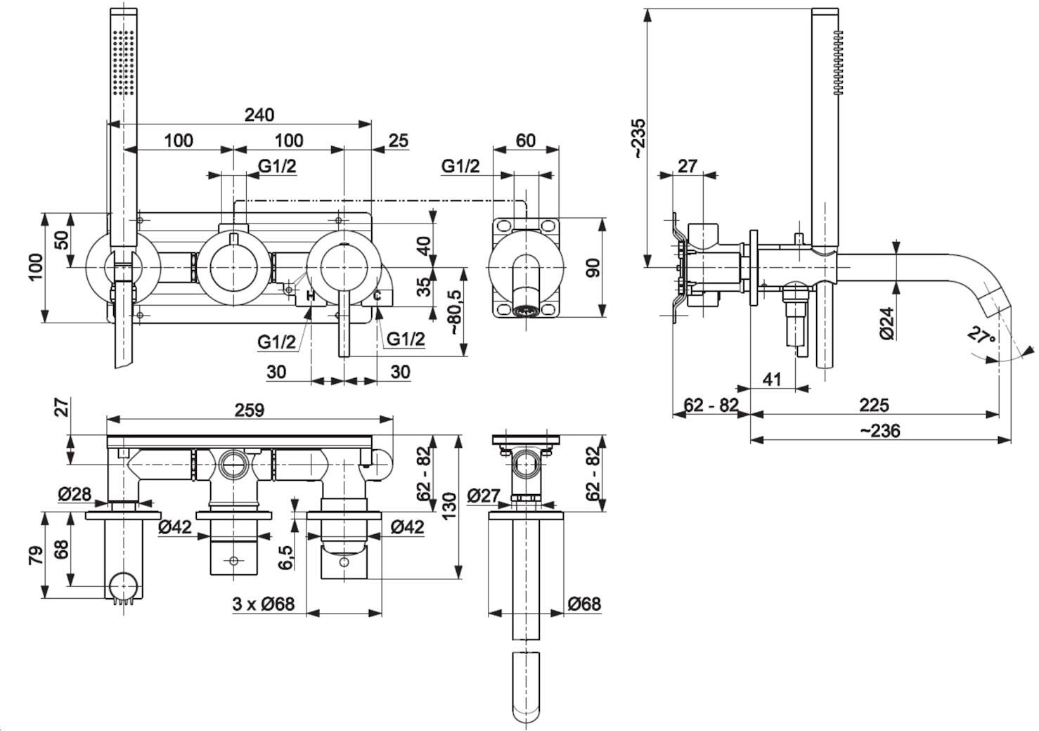 KFA Armatura Moza PVD Brushed Gun Metal 5039-411-61 Габаритні розміри
