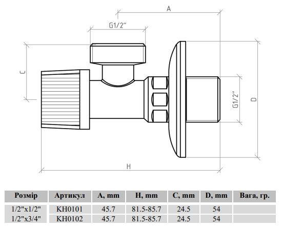 Raftec Silver 1/2"x1/2" (KH0101) Габаритные размеры