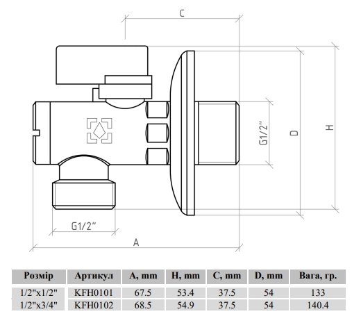 Raftec Silver 1/2"x1/2" (KFH0101) Габаритные размеры