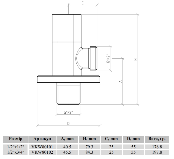 Raftec Silver 1/2"x3/4" White (VKW80102) Габаритные размеры