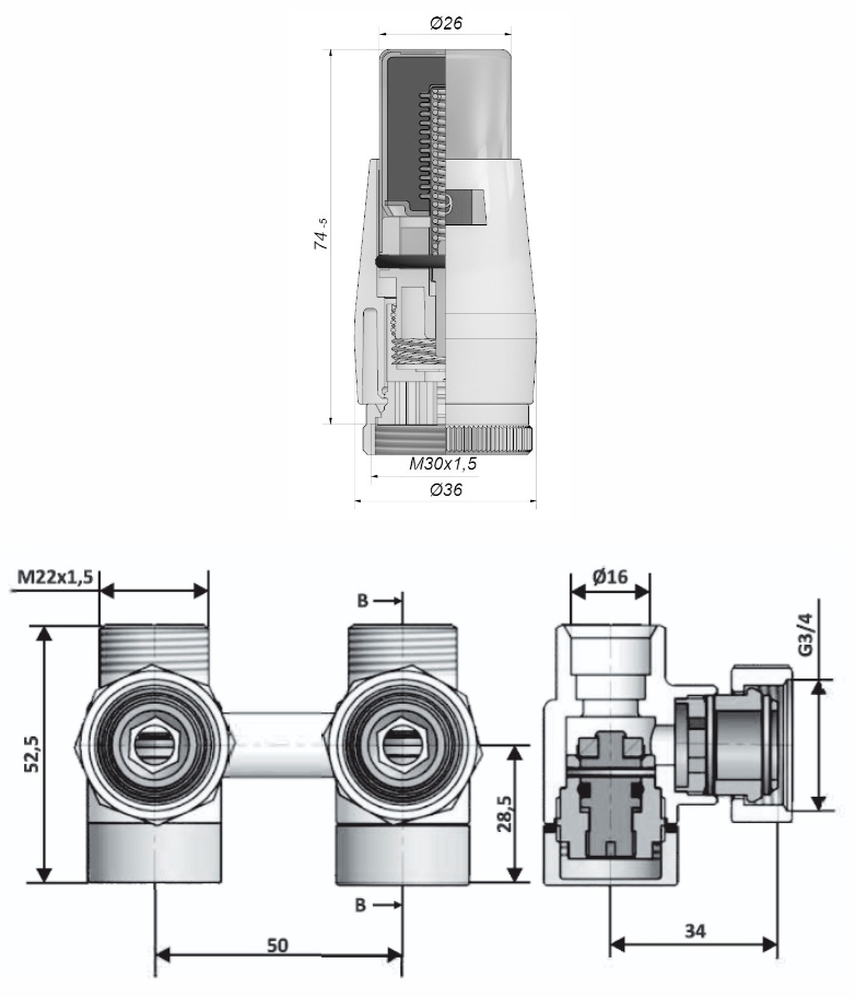 Schlosser 3/4 x M 22x1,5 угловой, термоголовка Mini (601000044.RAL7047) Габаритные размеры
