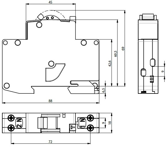 ETI KZS-1M-UNI 1p+N A B25/0.03 (002176026) Габаритні розміри