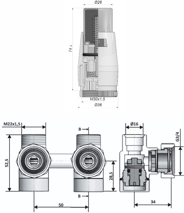 Schlosser 3/4 x M 22x1,5 угловой, термоголовка Mini (601000044.RAL50111) Габаритные размеры