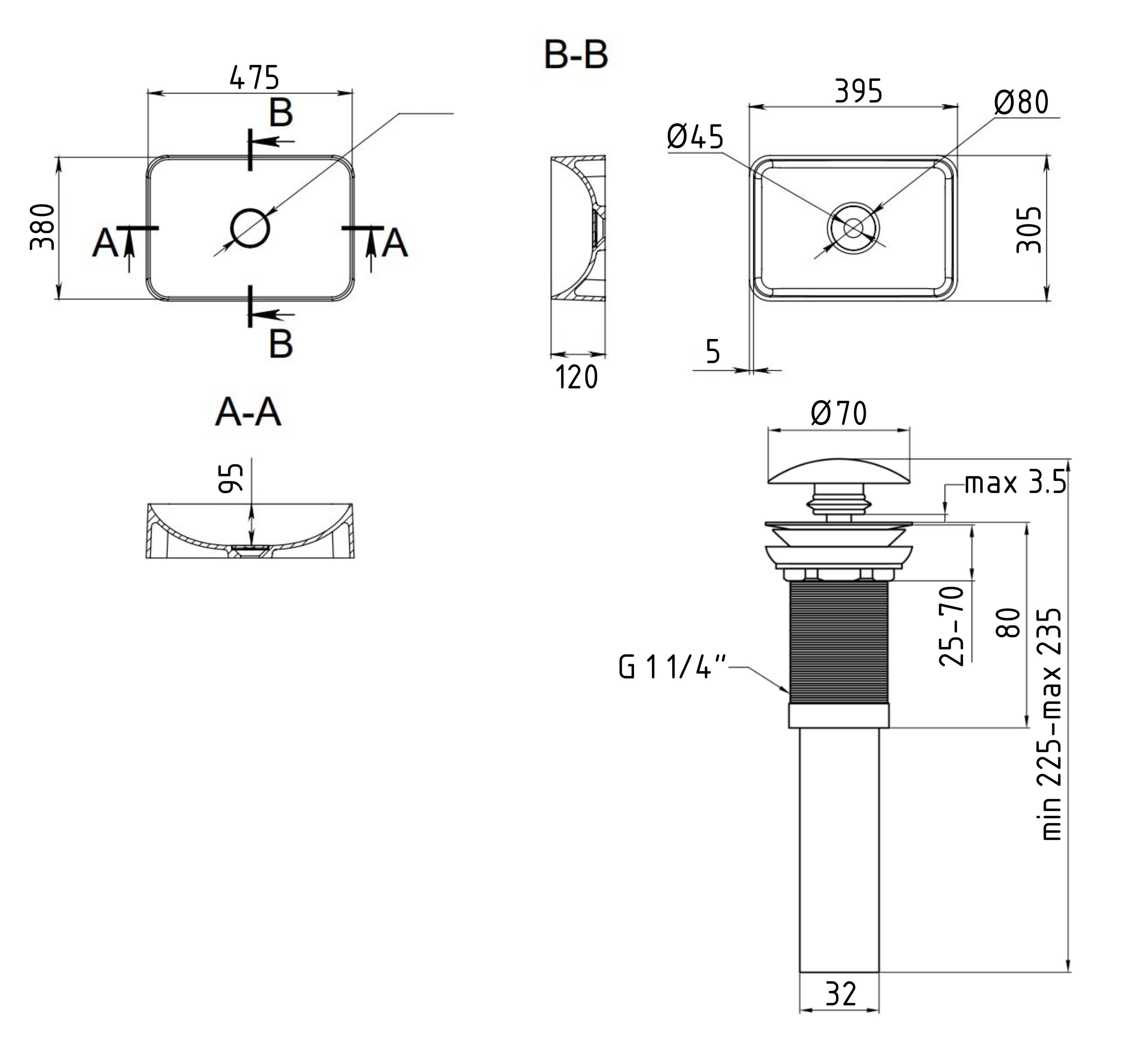 Q-Tap Aquarius Stone grey (QTAQA188SG49780) Габаритные размеры