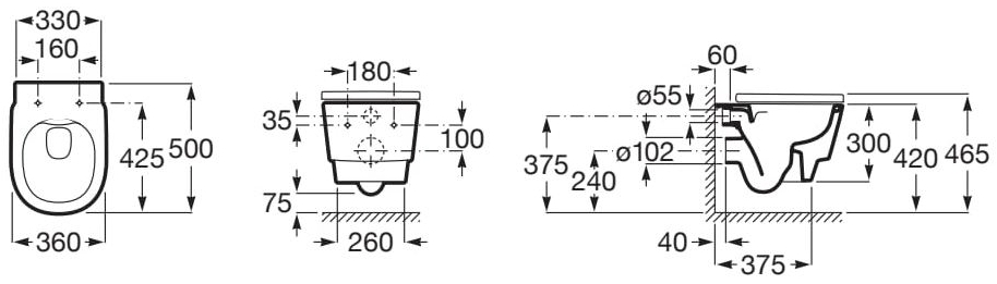 Roca Tura Rimless (A346697000+A801F02002) Габаритні розміри
