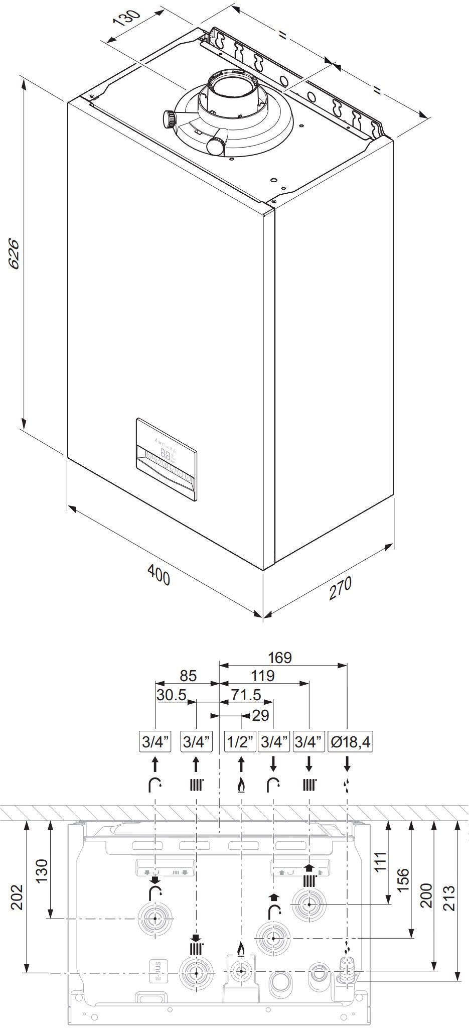 Vaillant ecoTEC intro VUW 24/24 AS/2-1 (H-INT4) (8000037952) Габаритні розміри