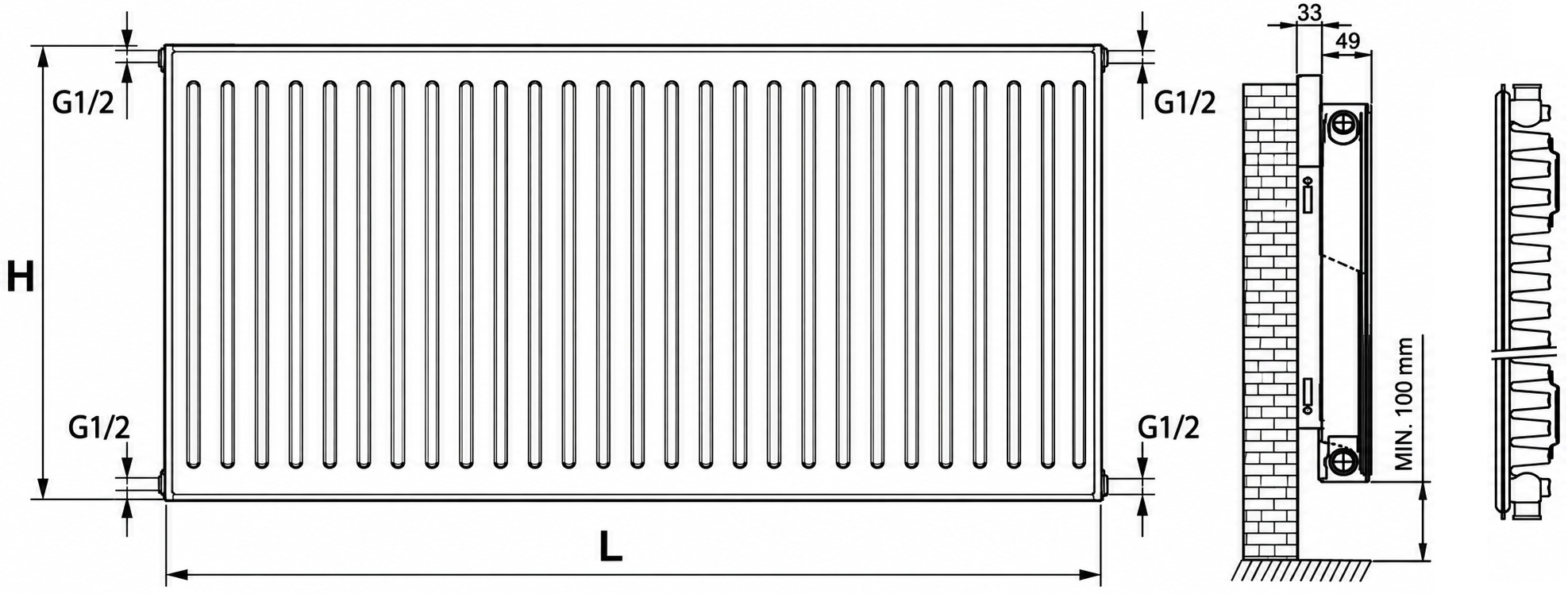 Termoplus Kompakt 11 тип 600x1000, бічне підключення (K11-60-100) Габаритні розміри