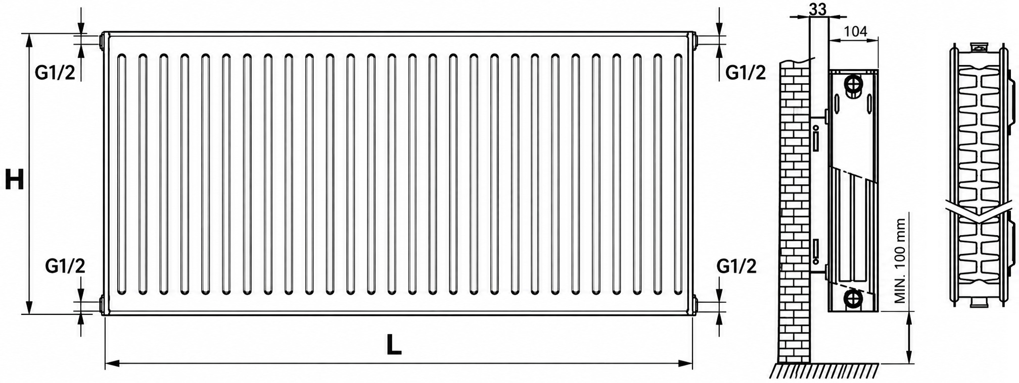 Termoplus Kompakt 22 тип 600x500, бічне підключення (K22-60-050) Габаритні розміри
