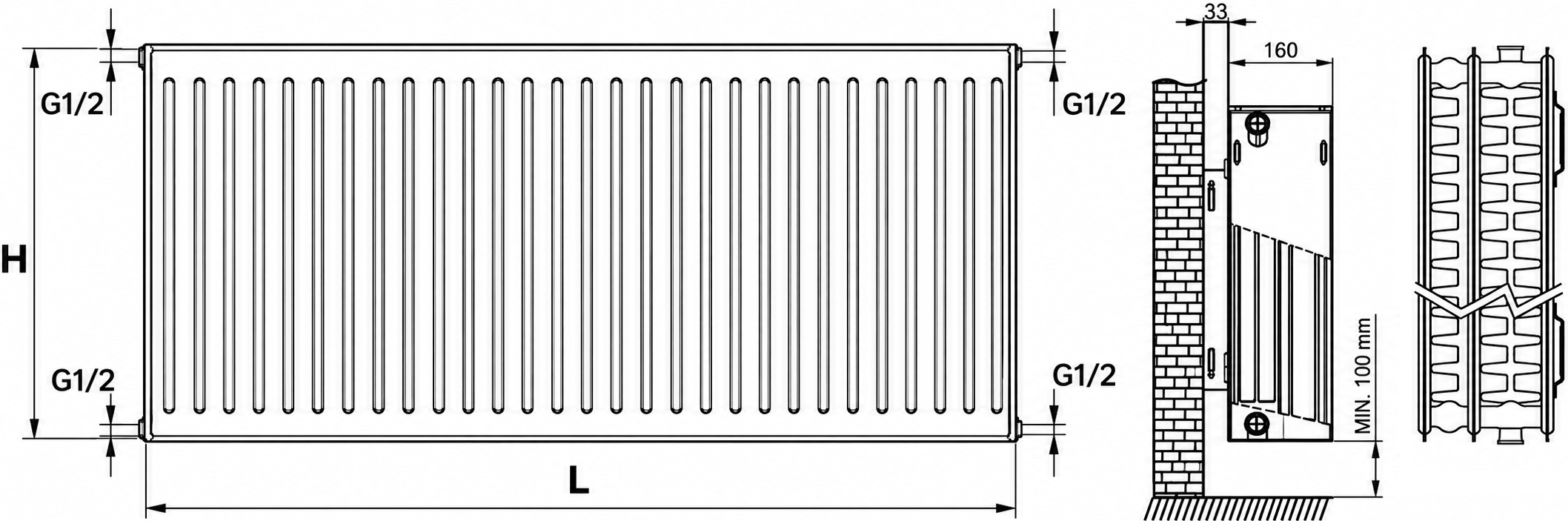 Termoplus Kompakt 33 тип 600x1000, боковое подключение (K33-60-100) Габаритные размеры