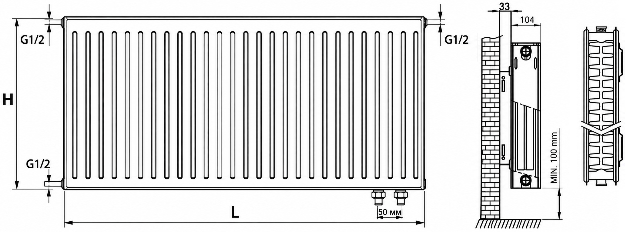 Termoplus Ventil 22 тип 300x800, нижнее подключение (V22-30-080) Габаритные размеры