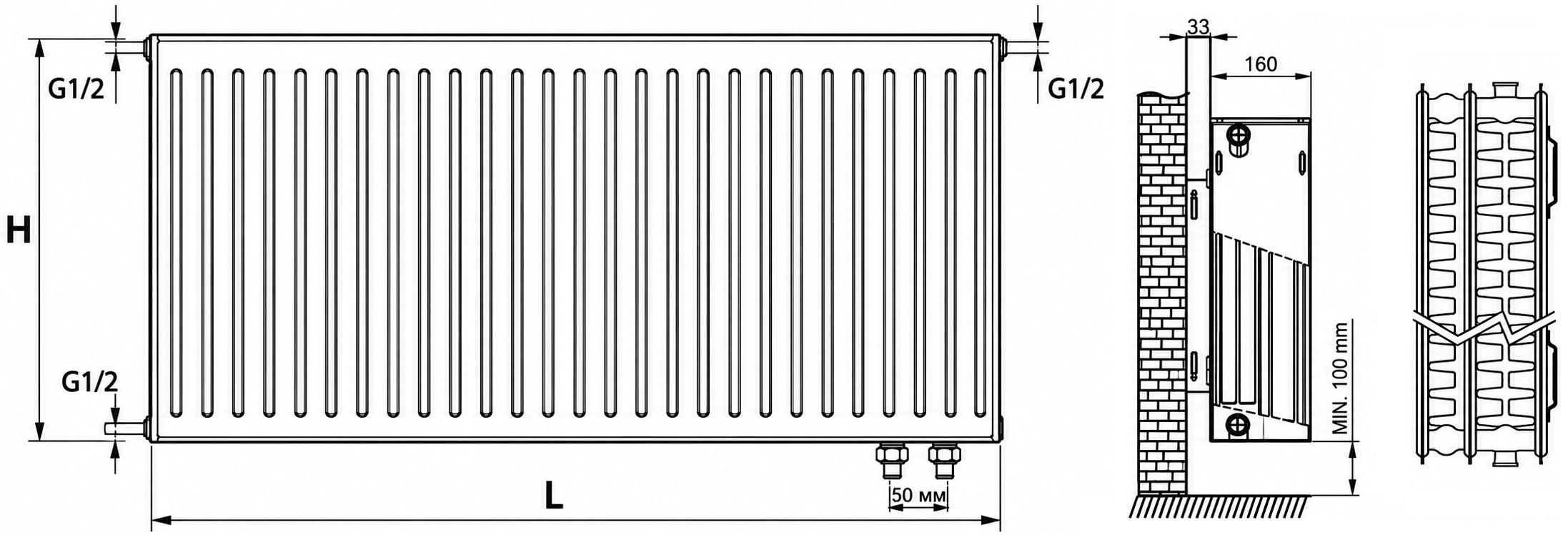 Termoplus Ventil 33 тип 300x800, нижнее подключение (V33-30-080) Габаритные размеры
