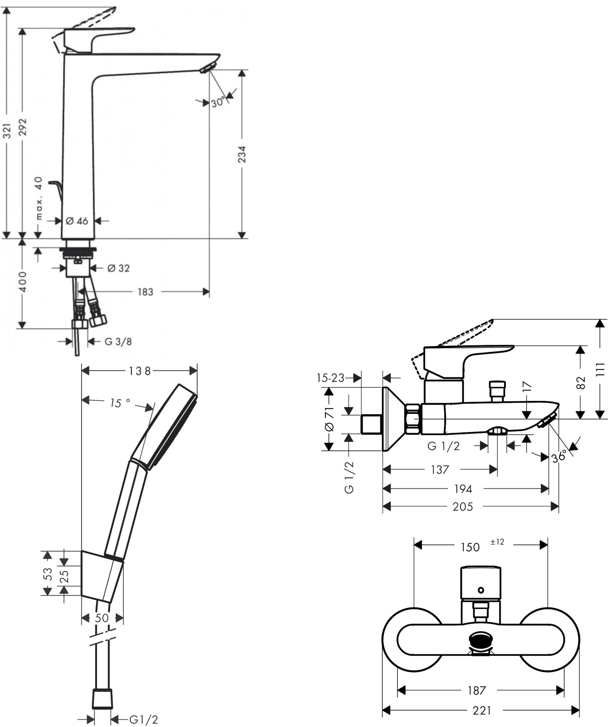 Hansgrohe Talis E 71740670U (71716670+71740670+24301670) Габаритные размеры