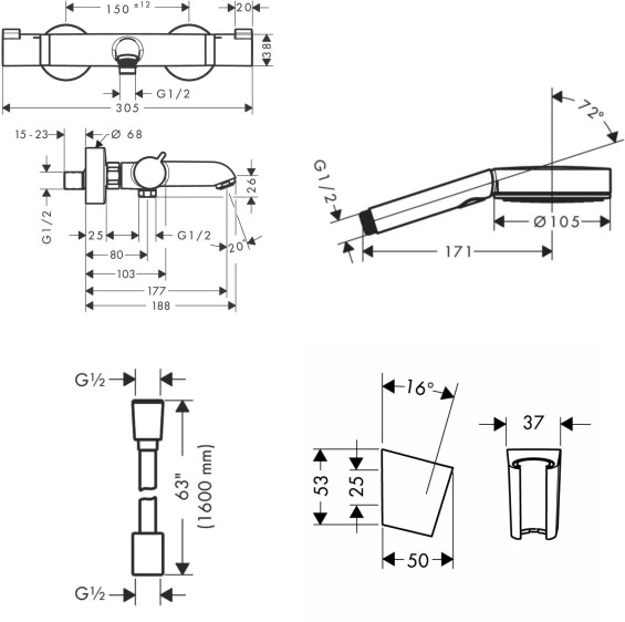 Hansgrohe Ecostat Comfort 13114670U (13114670+28331670+28260670+241016700) Габаритні розміри