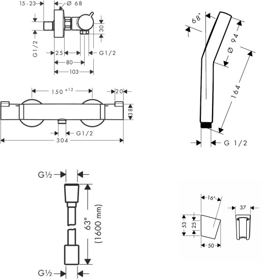 Hansgrohe Ecostat Comfort 13116670U (13116670+28331670+28260670+28033670) Габаритні розміри