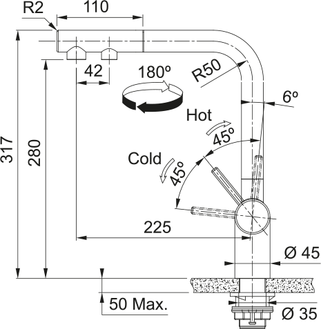 Franke Atlas Neo Clear Water Pull Out Антрацит (120.0758.159) Габаритные размеры